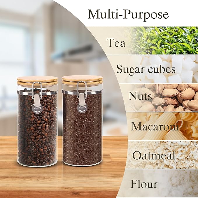 EQEY Glass Storage Jars Set Elegant Containers with Airtight Bamboo Lids, Perfect for Kitchen Organization - Flour, Rice, Pasta, Sugar, Coffee Beans, Accessories Included (Coffee Jar x 2)