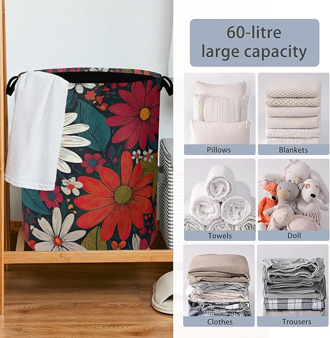 Retro Red Daisy Flowers Laundry Hamper,Dirty Clothes Laundry Basket with Handles Waterproof Oxford Cloth Storage Basket for College Dorms Bathroom Bedroom 16" x 20.8"
