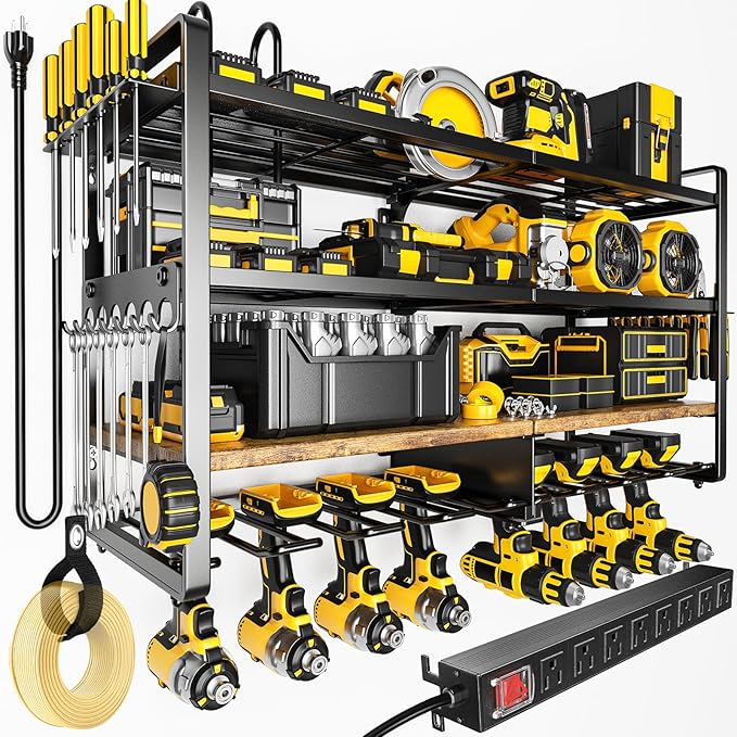 POKIPO Large Power Tool Organizer with 8 Outlet Charging Station, Loads 600lbs, 4 Layer Heavy Duty Utility Rack Holds 8 Cordless Drills, Wall Mount Tool Battery Garage Storage Shelf, Gift for Men