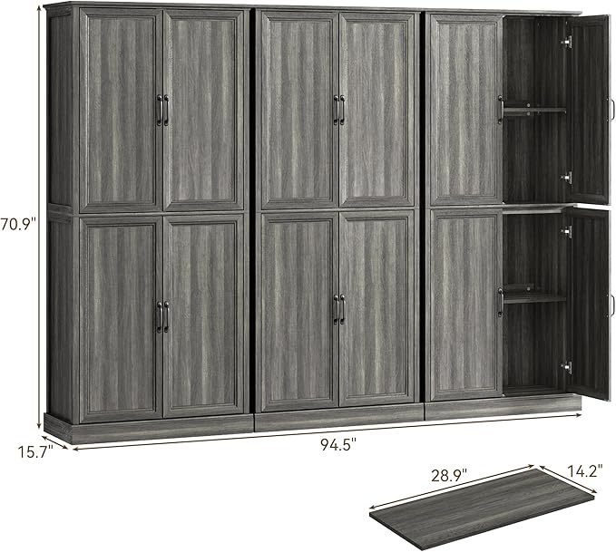 71'' Tall Pantry Cabinet Set of 3, Farmhouse Kitchen Pantry Storage Cabinet with Barn Door and Adjustable Shelves, Rustic Wood Freestanding Cupboard for Kitchen, Dining Room, Grey