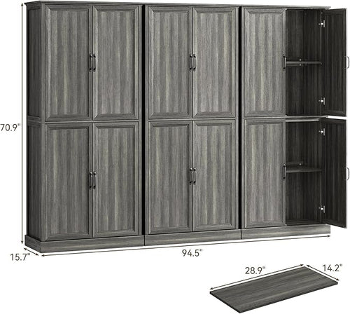 71'' Tall Pantry Cabinet Set of 3, Farmhouse Kitchen Pantry Storage Cabinet with Barn Door and Adjustable Shelves, Rustic Wood Freestanding Cupboard for Kitchen, Dining Room, Grey