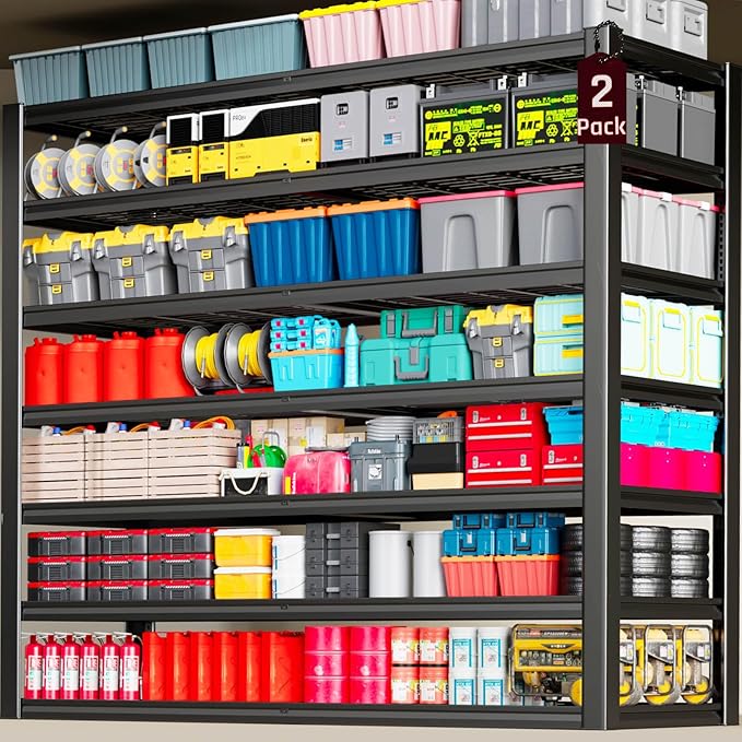 SKZNSA 7-Tier Heavy Duty Garage Shelving Units, 65" Wide Deep Storage Shelves,Black Metal Garage Shelves,Steel Shelf,Large Storage Rack,Industrial Shelving for Shop, 65" W x 24" D x 96" H, 2 Pack