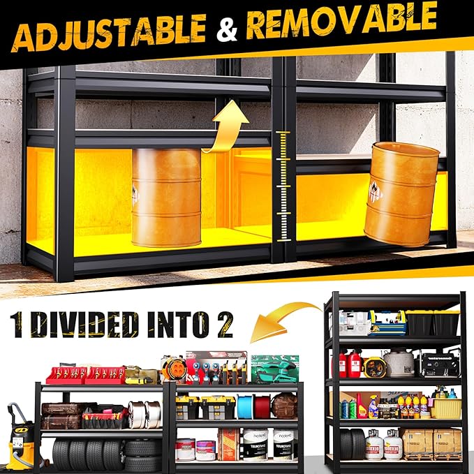 5-Tier 72”H Garage Shelving, Adjustable Garage Shelves, 2500 Lbs Storage Shelves Heavy Duty, Garage Shelf for Tool Organization, Storage Shelves for Basement, Warehouse, Black (72''H×35.4''W×15.7''D)