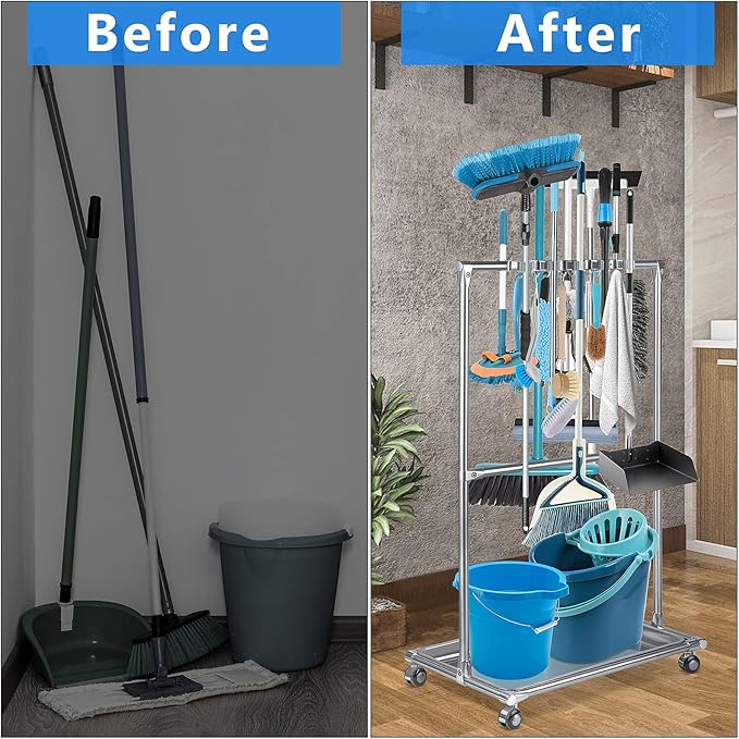 Broom Holder Organizer Movable Closet Storage Cabinet Mop Rack Floor Standing Cleaning Supplies Tool Cart For Garden Garage Schools Hotels Hospitals Factories Property Companies Restaurant (10 Racks)