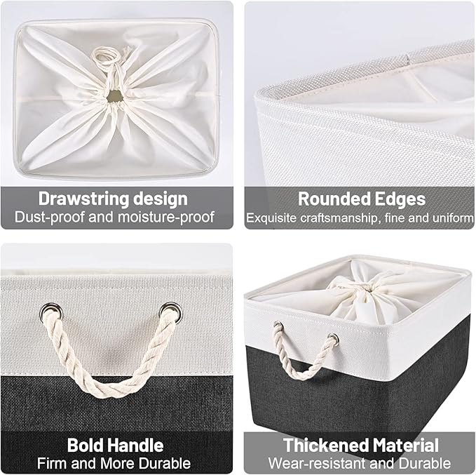 HOdo Home 3PCS Fabric Storage Bin with Drawstring Closure and 2 Bold Handles, Collapsible Large Canvas Storage Baskets for Organizing Shelf Nursery Home (White and Black, 15.8L×11.8W×9.5H)