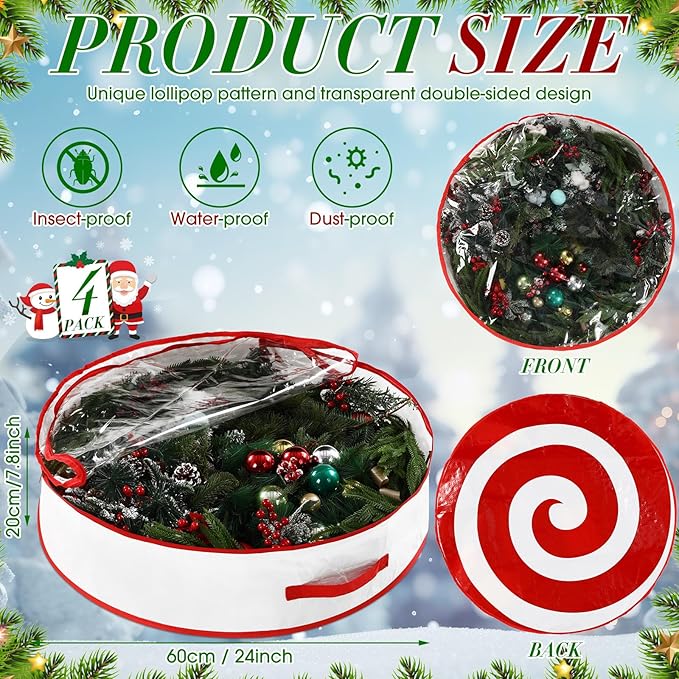 4 Pcs 24 Inch Christmas Wreath Storage Bag Candy Cane Wreath Storage Container Clear Window Dual Zipper Handle Red White Peppermint Garland Organizer for Holiday Decoration, Classic Lollipop