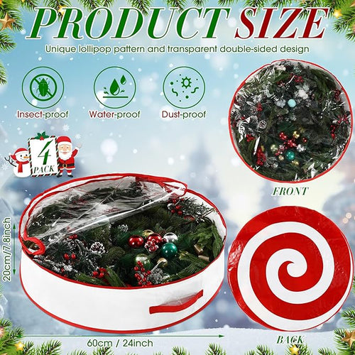 4 Pcs 24 Inch Christmas Wreath Storage Bag Candy Cane Wreath Storage Container Clear Window Dual Zipper Handle Red White Peppermint Garland Organizer for Holiday Decoration, Classic Lollipop