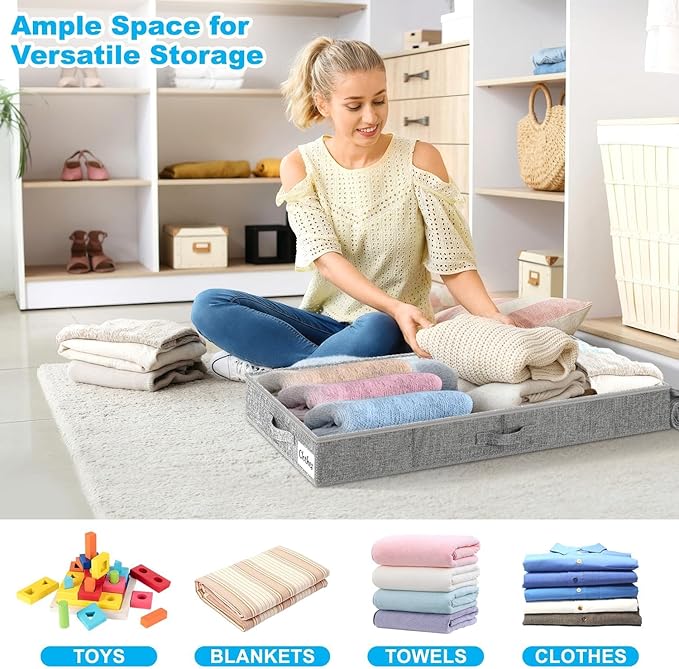 Under Bed Storage Container Bins 2 Pack, 4 Inch Thin Low Profile Underbed Clothes Storage Organizer for Dorm & Home, Use for Blanket and Toy Storage Box W/ Sturdy Bottom/Sides, Foldable Thick Fabric