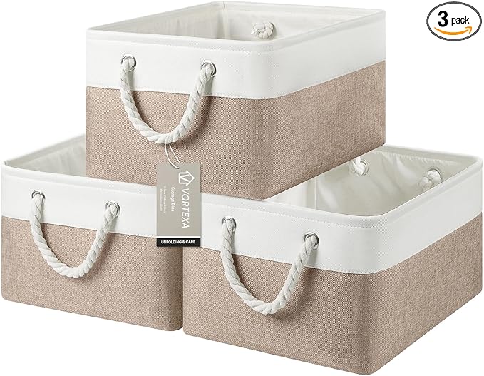 Large Storage Baskets- 15.7x11.8x8.26 inch Storage Bins for Shelves and Closet Organizing, Foldable Fabric Bin for Home Organization Clothes and Laundry (3-Pack, White&Khaki)