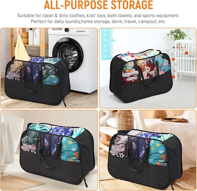 Collapsible Laundry Baskets with 3 Compartment, 150L Tear-proof Pop Up Hamper, Foldable Laundry Basket with Tote Handles, Dirty Clothes Hamper for Laundry, Bedroom, Bathroom, Dorm Black