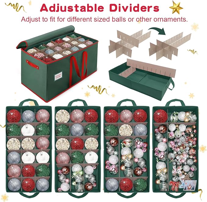 Christmas Ornament Storage Box, Stores Up to 54-4" Ornaments, 3 Individual Trays, Adjustable Dividers, 600D Oxford Fabric, Large Organizer Bin to Protect and Store Holiday Décor