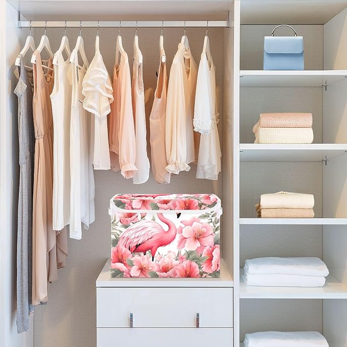 Bolaz Storage Bins with Lids and Handles,Pink Flamingo Storage Box Storage Basket with Cover Collapsible Organizer Containers for Home Closet, Shelves