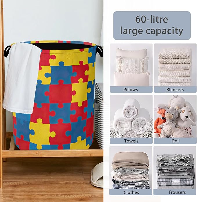 Colorful Puzzle Laundry Basket,Foldable with Handles Tote Bag Oxford Cloth for Bathroom Bedroom Dirty Clothes Storage Bucket 16" x 20.8"
