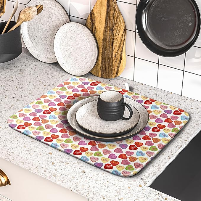 Valentine’s Day Dish Drying Mat for Kitchen Counter 18x16 Inch Colorful Love Drying Mat with Absorbent Reversible Microfiber Holiday Dish Drainer Mats Rack Pad for Coffee Countertop Protector