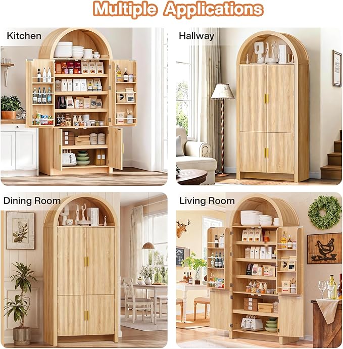71" Tall Arched Pantry Cabinet, Arched Fluted Kitchen Storage Cabinet with Doors and Adjustable Shelves, Modern Natural Wood Cupboard Organizer for Kitchen, Dining Room, Living Room