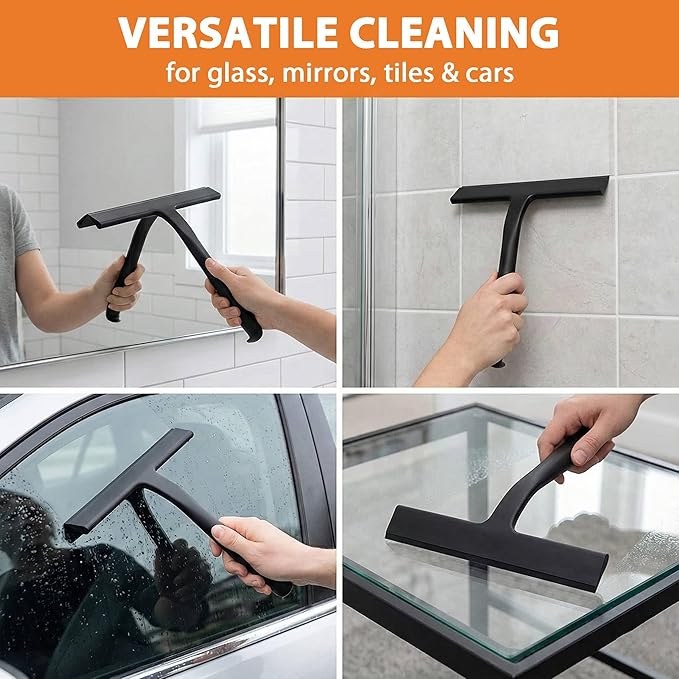 Shower Squeegee for Glass Doors, Hang Anywhere Silicone Shower Squeegee with Hook Design for Easy Hanging and Cleaning (Black)