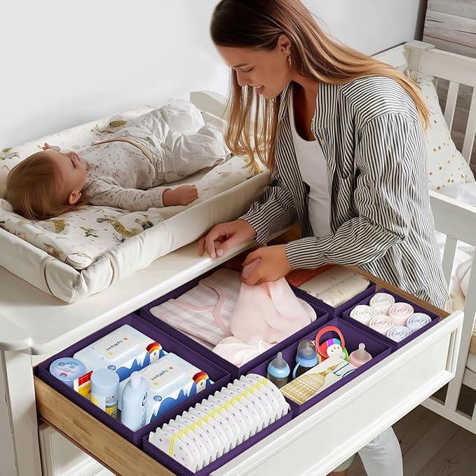 DIMJ Drawer Organizer Clothes - 24 Pack Closet Drawer Organizer Bins for Baby Clothes Storage, Fabric Dresser Organizer for Nursery Bedroom, Foldable Small Drawer Dividers for Underwear Socks