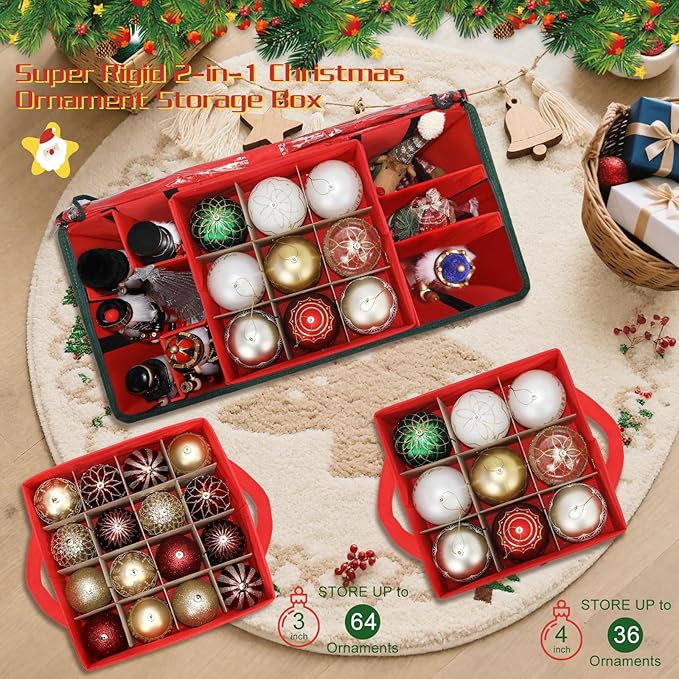 Large 2-in-1 Christmas Ornament Storage Box & Xmas Figurine Container,4 Separate Trays Keep 64-3"/ 36-4" Holiday Ornaments,Adjustable Extent Area for Figurines and Pockets for Decoration