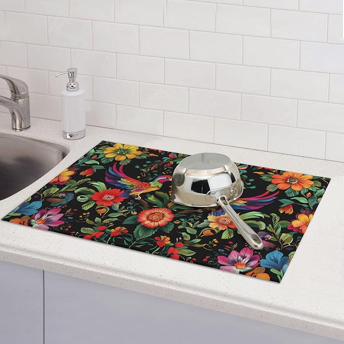 Mexican Flowers Dish Drying Mat for Kitchen Counter Microfiber Super Absorbent Non-Slip Dish Drying Pad for Countertops Dishes Utensils Stylish Quick-Dry Machine Washable 18x24 Inch
