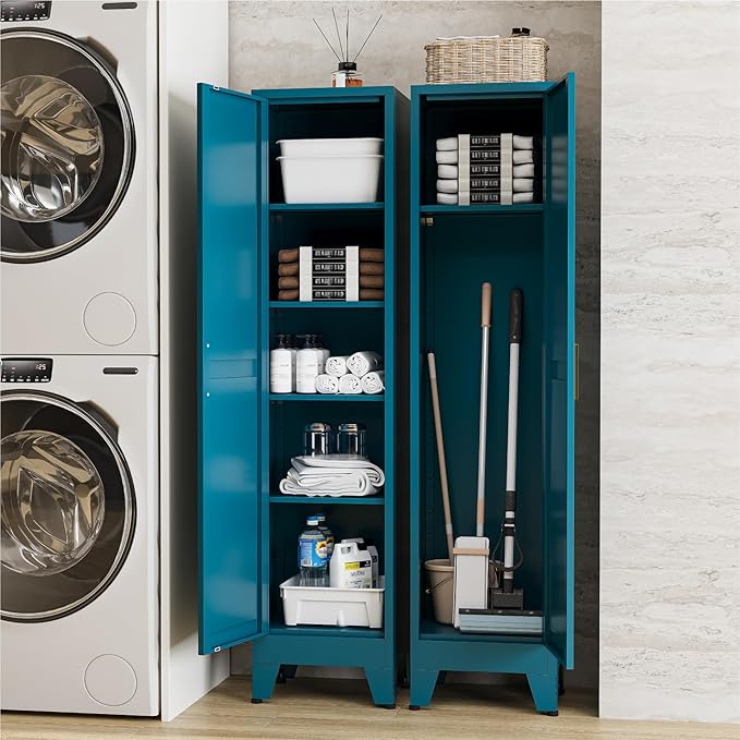 67" Tall Storage Cabinet with Reversible Doors and Adjustable Shelves,Metal Slim Freestanding Cabinets for Bathroom Kitchen Garage Small Spaces,Blue,5-Tier
