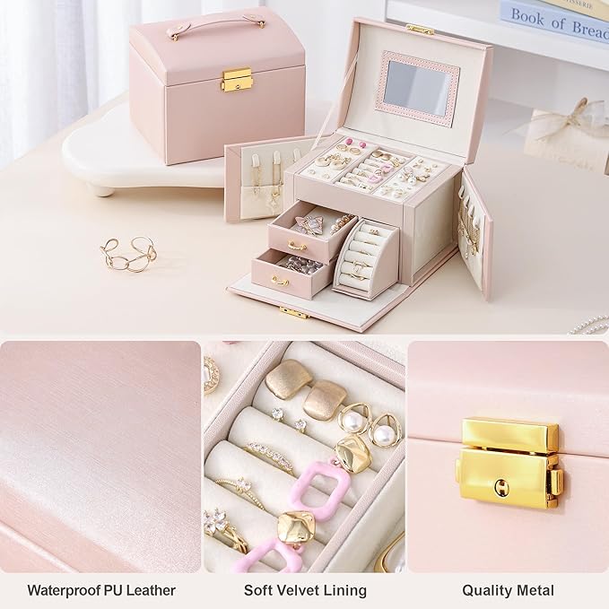 CASEGRACE Jewelry Box Organizer for Women Girls, Three Layer Jewelry Storage Box with Mirror PU Leather Jewelry Display Case for for Bracelets, Earrings, Rings, Necklaces,Pink
