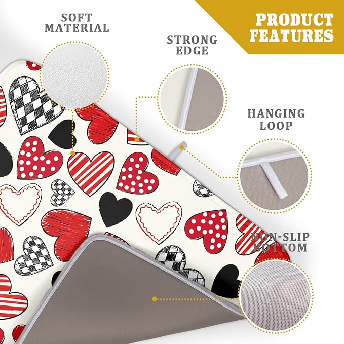 Valentines Day Dish Drying Mat for Kitchen Counter 24x18 Inch Red Heart Drying Mat with Absorbent Reversible Microfiber Holiday Love Dish Drainer Mats Rack Pad for Coffee Countertop Protector