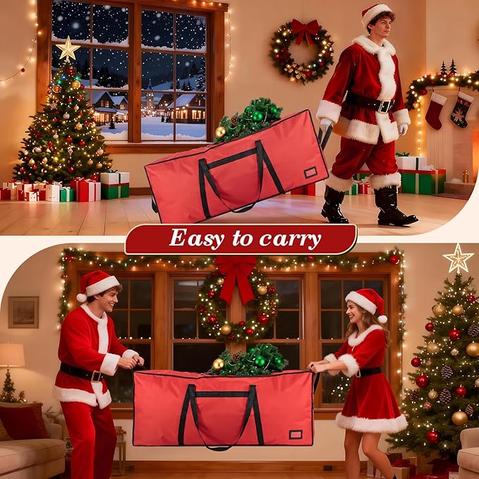 Heavy Duty Christmas Tree Bag 7.5 FT with Dual Zippers and Reinforced Handles Wide Opening, Large Capacity fits for Artificial Christmas Tree, Red