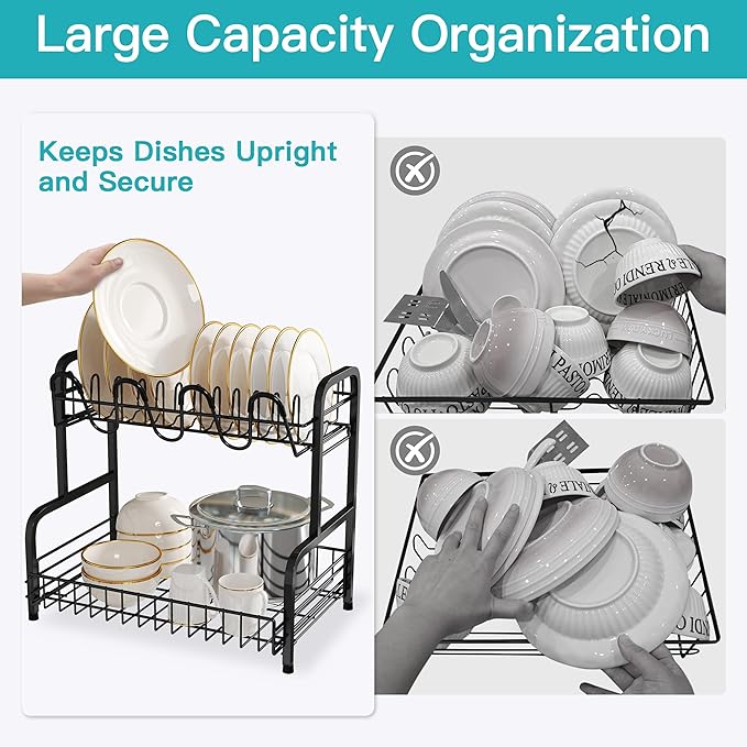 2 Tier Black Large Capacity Dish Drainers Drying Rack for Kitchen Counter, Metal Stainless Steel Rust Proof Plate Strainers Holder On Countertop with Drainboard Tray, Space Saving, Aesthetic Modern