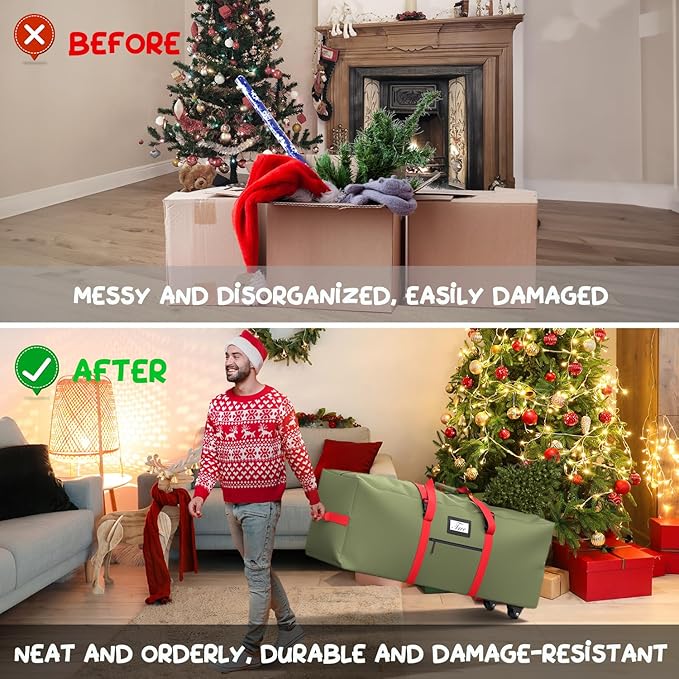 Mrrihand Christmas Tree Storage Bag, Large Artificial Anti-Tear Heavy-Duty 600D Oxford Cloth Xmax Christmas Tree Storage Box with Rolling Wheels, Christmas Tree Storage Container (Army Green&Red, 9Ft)