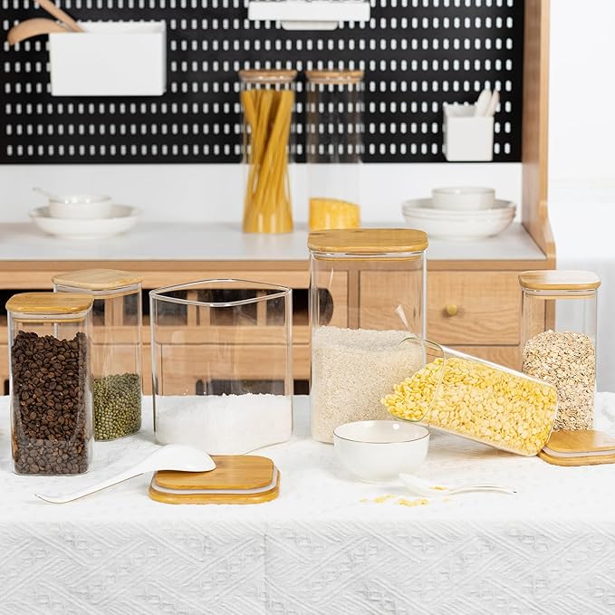D2scrma 156oz Airtight Glass Square Storage Canister with Bamboo Lid Set of 2(4600ml*2) Large Gallon Glass Jars for Sugar, Flour, Cookies and Coffee beans (‎with Black Lable)