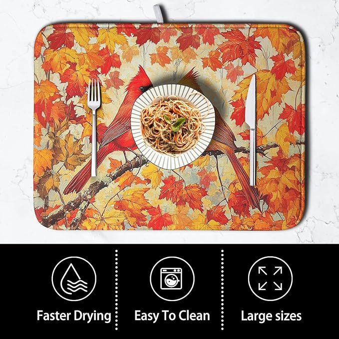 Kwlegh Fall Dish Drying Mats for Kitchen Counter Maple Leaf Cardinal Birds Dish Draining Mat 16x18 Inch Autumn Thanksgiving Dish Rack Mat Microfiber Absorbent Dish Drainer Pad