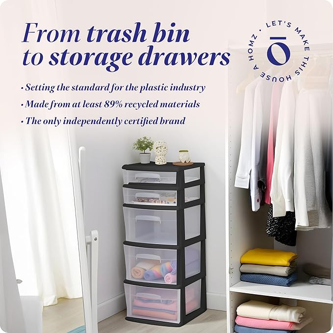 HOMZ Drawer Tower, 5-Tier Clear Plastic Storage Organizer Unit, Black Frame - Multi-Purpose Container Drawers for Bedroom, Bathroom, and Office Organization
