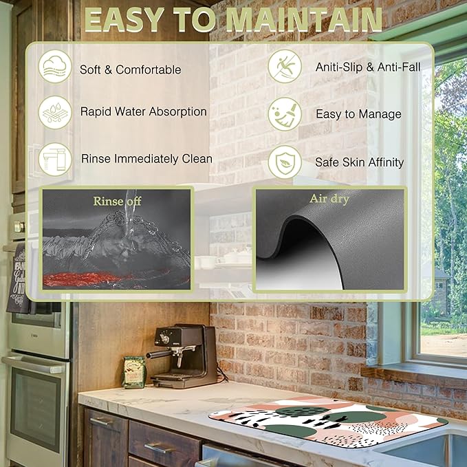 Dish Drying Mat Abstract Dots Lines Doodle Pattern Kitchen Mat 12"x19" Bsorbent Coffee Maker Mat for Dishes Utensils Coffee Maker Pots and Pans Easy Clean Dish Slip Resistant Pad