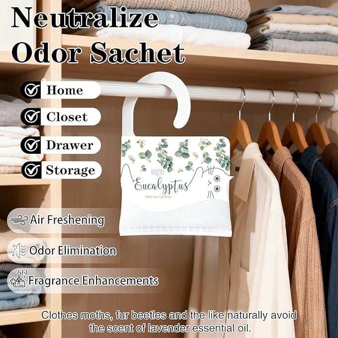 13 PCS Eucalyptus Scented Sachets, Long Lasting Hanging Air Freshener Bags for Closet, Drawer, Shoe Cabinet, Car & Bathroom, Odor Eliminator & Home Fragrance Potpourri Bag