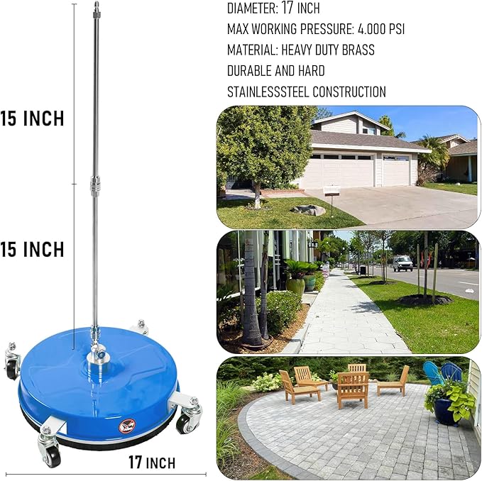 Wexo Palindrog 17" Pressure Washer Surface Cleaner with 4 Wheels, Coated Blue Stainless Steel Power Washer Surface Cleaner for Driveway Sidewalk, 1/4" Quick Connector, 2 Extension Wand, 4000 PSI