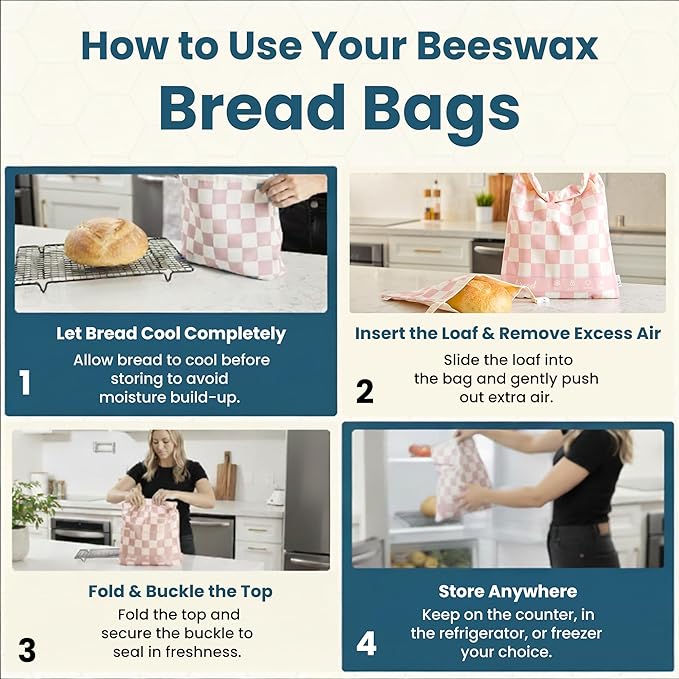 Buzzy Bags 3-Pack Reusable Beeswax Bread Bags (XL, M, S) - Organic Cotton Beeswax Bread Storage Bag for Homemade Bread & Sourdough Freezer-Safe, Breathable & Freshness Support - Eco-Friendly Bread Bag