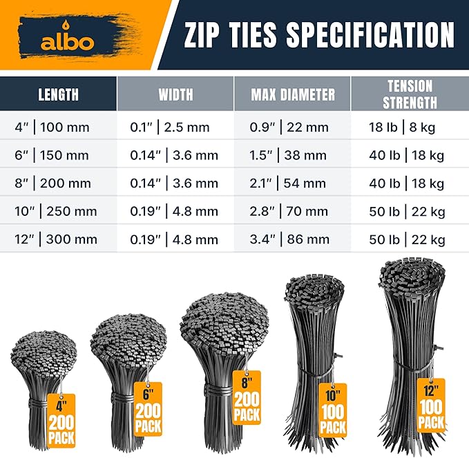ALBO Black Zip Ties Assorted Sizes 800 Pack 4+6+8+10+12 Inch Plastic Black Cable Ties Wire Tie UV Resistant Nylon Tie Wraps Assorted Sizes