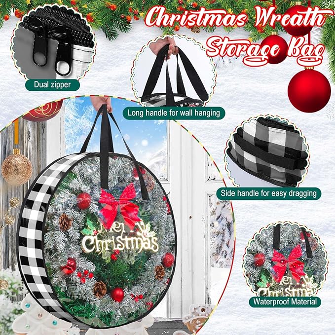Shappy 4 Pcs Christmas Wreath Storage Bag Wreath Storage Container with Clear Window Plaid Wreath Storage Box with Handles for Storing Garland Holiday Wreath Wrapping(24 Inch,White Black)