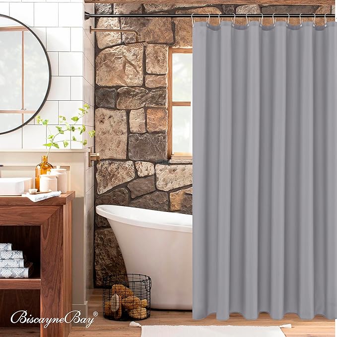 Biscaynebay Fabric Shower Curtain Short Stall Liners 72" Width by 65" Length, Silver Grey Water Resistant Bathroom Curtains, Rust Resistant Grommets Top Weighted Bottom Machine Washable