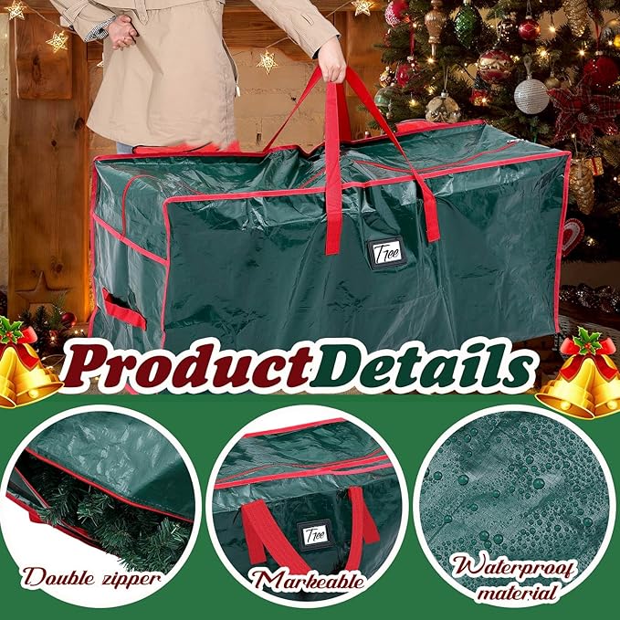 Amylove 4 Pcs Large Christmas Tree Storage Bags Heavy Duty Xmas Zippered Bags Bulk Waterproof Plastic Christmas Tree Container with Carry Handles(9 ft,Green)