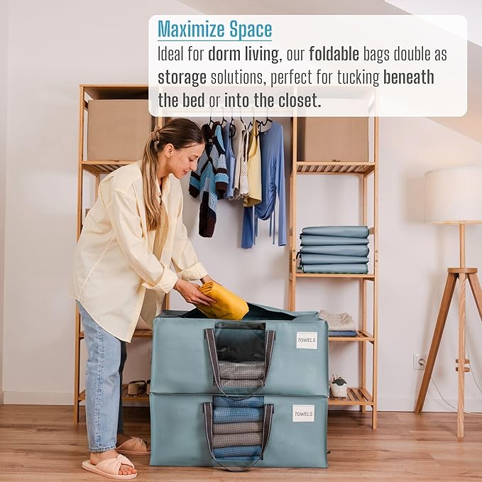 VENO 4 Pack Heavy Duty Moving Bags, Christmas Storage Bins with Lids, Transparent Window Design, Alternative to Moving Boxes, Storage Bags for Clothes, Blankets, Comforters (Light Blue Matte, 4 Pack)