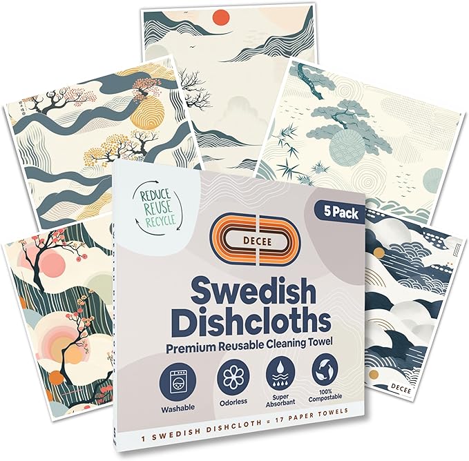 DECEE Swedish dishcloths (Bonsai) 5-Pack, Reusable, Washable Cellulose Cotton Kitchen Cloths,Replace Paper Towels, Sponges, Dish Rags