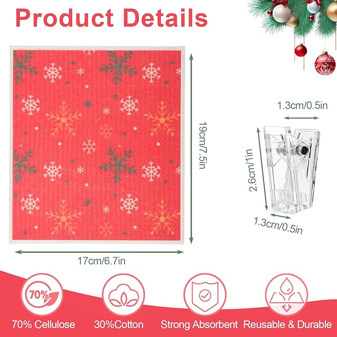 6 Pack Christmas Swedish Dishcloths for Kitchen, Snowflake Elk Xmas Tree Reusable Paper Towels with Adhesive Clips, Stocking Stuffers for Adults Absorbent Cellulose Sponge Cloths for Cleaning Kitchen