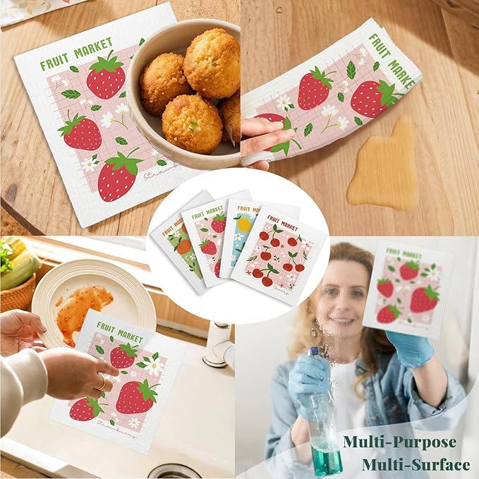 LARTSFRO Swedish Dishcloths for Kitchen, Pink Strawberries Peach Cherry Lemon Swedish DishCloths for Friut Market, 4 Pack Dish Towels for Kitchen, Papaya Reusable Paper Towels Washable