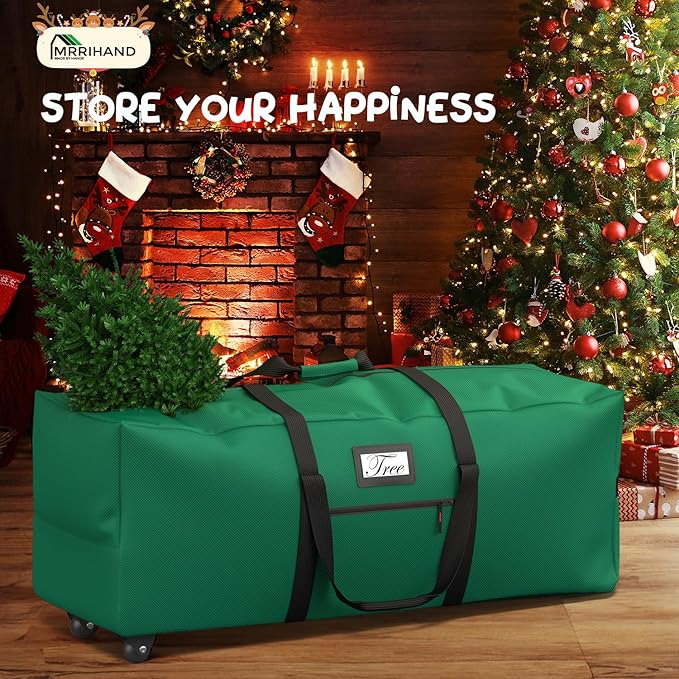 Mrrihand Christmas Tree Storage Bag, 9Ft Large Artificial Anti-Tear Heavy-Duty 600D Oxford Cloth Xmax Christmas Tree Storage Box with Rolling Wheels, Christmas Tree Storage Container (Green, 9Ft)