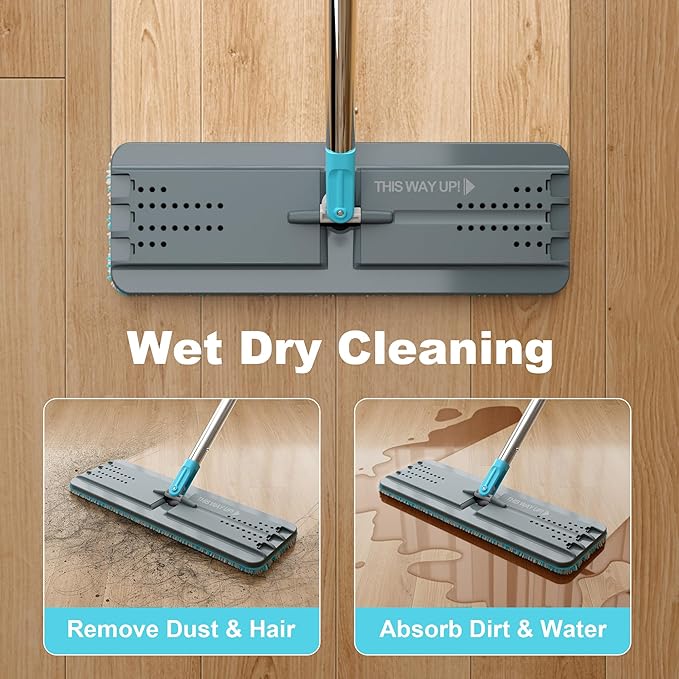 JOYMOOP Mop and Bucket Set with Wringer, Mops for Floor Cleaning, Wall Mop Cleaner with Long Handle, with 4 Reusable Microfiber Mop Pads - Grey+Cyan Blue