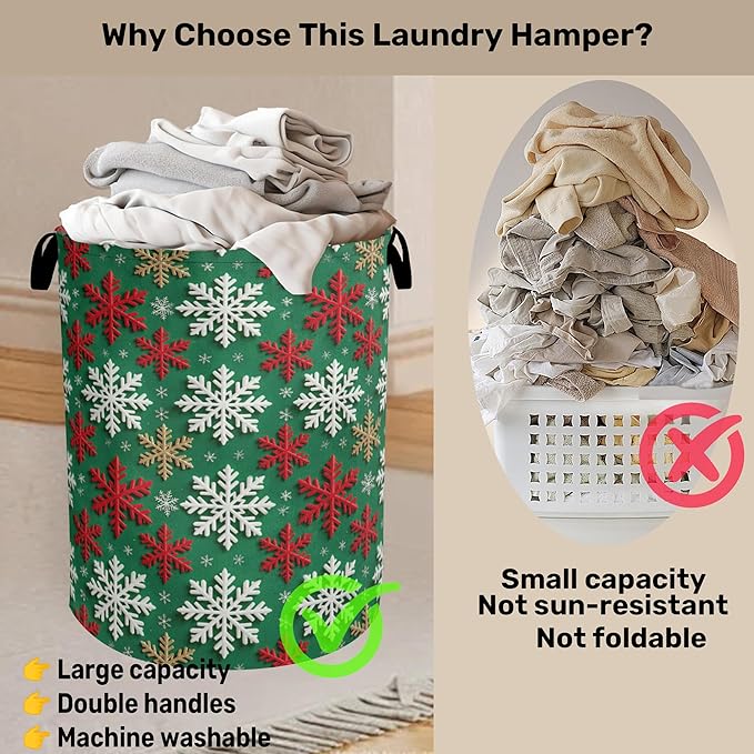 Winter Snowflakes Christmas Large Clothes Hamper Bag - Laundry Basket with Handles, Space Saving Foldable Design for Nursery