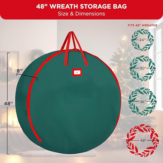 HOLDN’ STORAGE Premium Wreath Storage Bag - Durable Material - Waterproof - Heavy-duty Christmas Storage Container for Xmas Wreath with Dual Zipper Closure, Tear-proof, 48"W x 8"D - Green