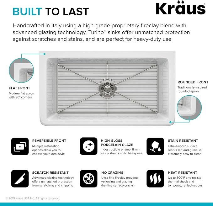 KRAUS KFR1-33GWH Turino Reversible 33-inch Fireclay Farmhouse Flat Apron Front Single Bowl Kitchen Sink with Bottom Grid in Gloss White