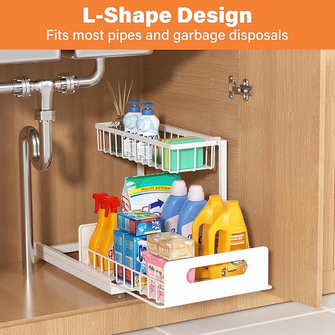 MERATIA 2 Pack Under Sink Organizer, 2 Tier Pull Out Cabinet Organizer,Slide out Metal Cabinet Organizers Multi-Purpose Drawer Shelf for Kitchen Bathroom Pantry Cabinet Closet Organization Rack,White